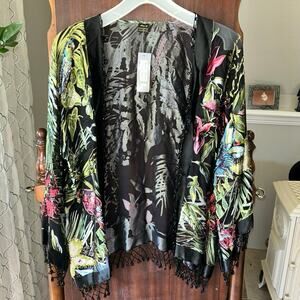 Aris A women Silk Velvet Burnout Floral Tropical Print beaded cardigan one size